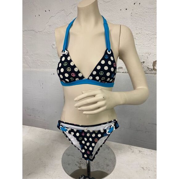 Aéropostale Black/Aqua Peace Sign Print Pokadot Bikini Swimsuit Size XS - Picture 1 of 9